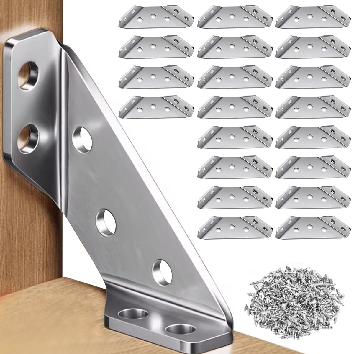 Serplex® 20Pcs Shelf Brackets with 120pcs Screws Multi Hole Brackets Stainless Steel Furniture Corner Connectors Heavy-Duty Multipurpose Triangle Brackets for Connecting, Wall Mounting