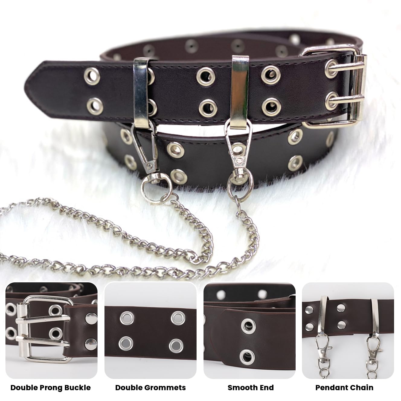 SANNIDHI Belt for Women Dresses with Dual Row Metal Eyelets and Chain Brown PU Leather | Fits Up to 110 cm