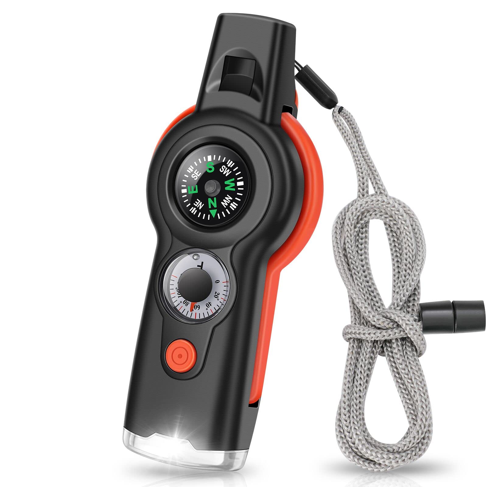 ZIBUYU 7-in-1 Emergency Survival Whistle, Outdoor Whistle with LED, Compass and Thermometer, Ideal for Camping, Hiking, Climbing, Hunting, Fishing, Rescuing, Scout Training