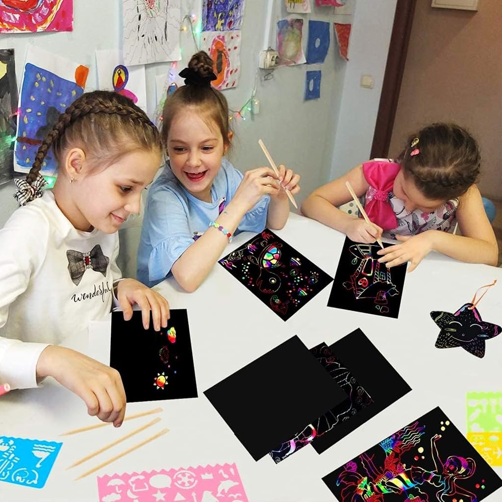 PATPAT DIY Art Painting Kit for Kids with Rainbow Scratch Paper and Wood Stick | Safe Creative Craft Activity