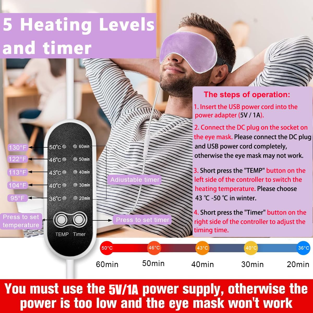 HASTHIP Heated Eye Mask for Sleep and Relaxation with 5-Level 36–50°C Control | USB Powered