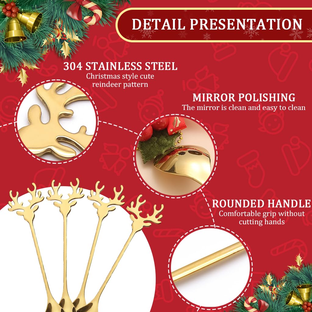 HASTHIP Christmas Spoon Set for Coffee and Dessert with Elk Antler Handles | 4-Piece Golden Stainless Steel Gift