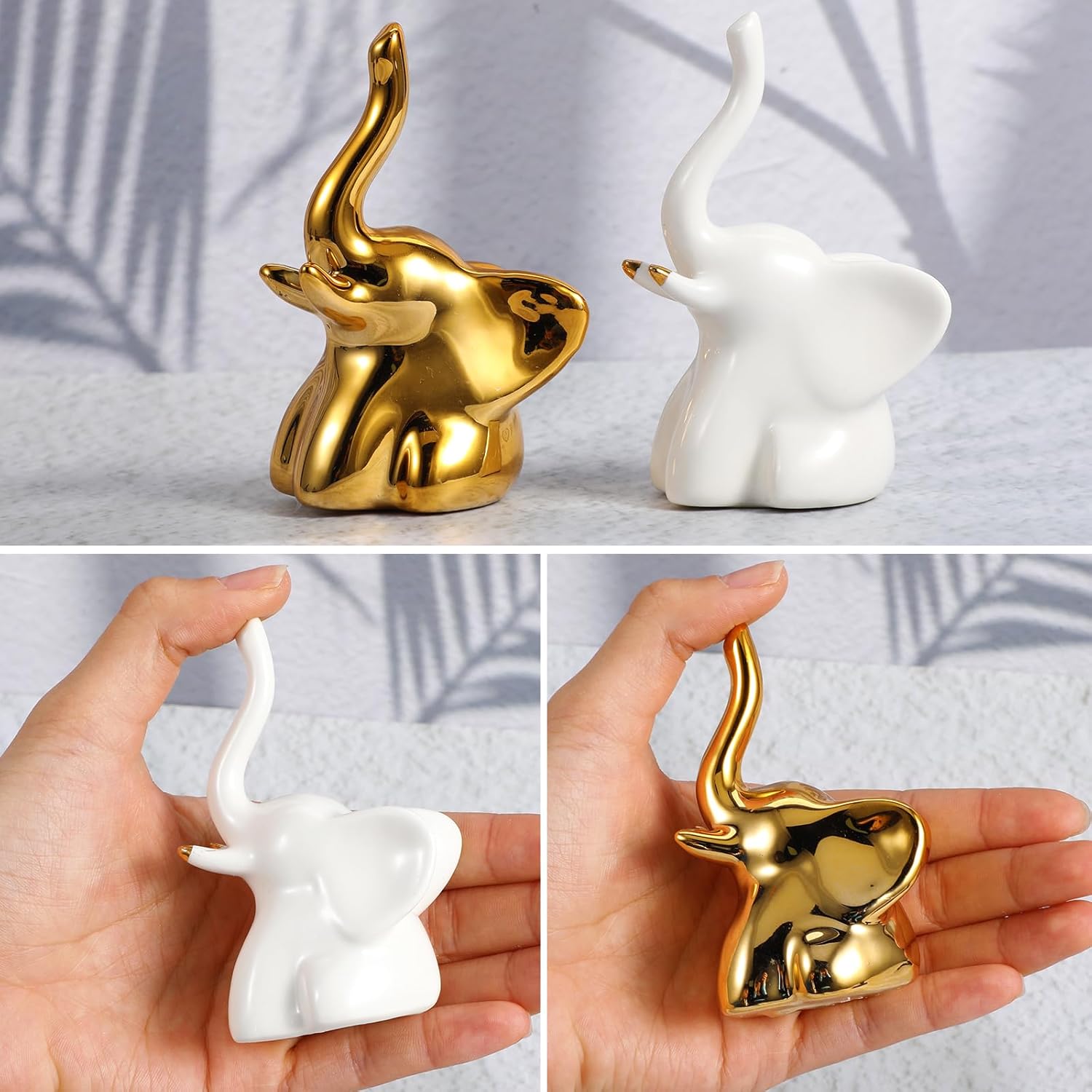 ZIBUYU® 2Pcs Little Elephant Desk Decor Sleek Ceramic Aesthetic Little Elephant Ring Holder Home Gift Jewelry Accessories Car Charm, 6x9.5cm, Golden & White