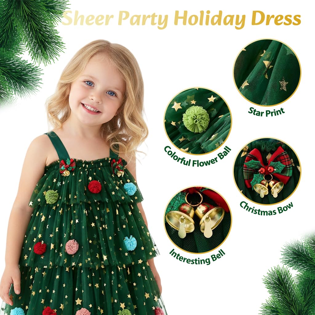 PATPAT Toddler Girls Christmas Party Dress with Tulle Layers and Gold Stars | Green 3-4 Years