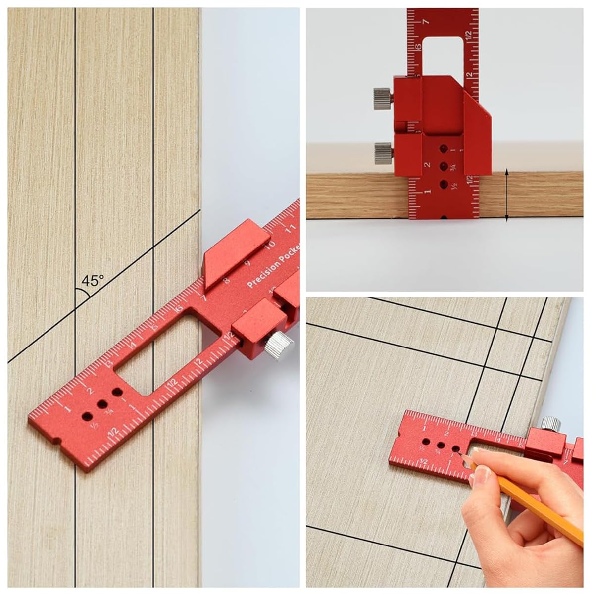 Serplex Woodworking Ruler for DIY and Construction 300mm with Sliding 45° Guide | Red Aluminum Alloy