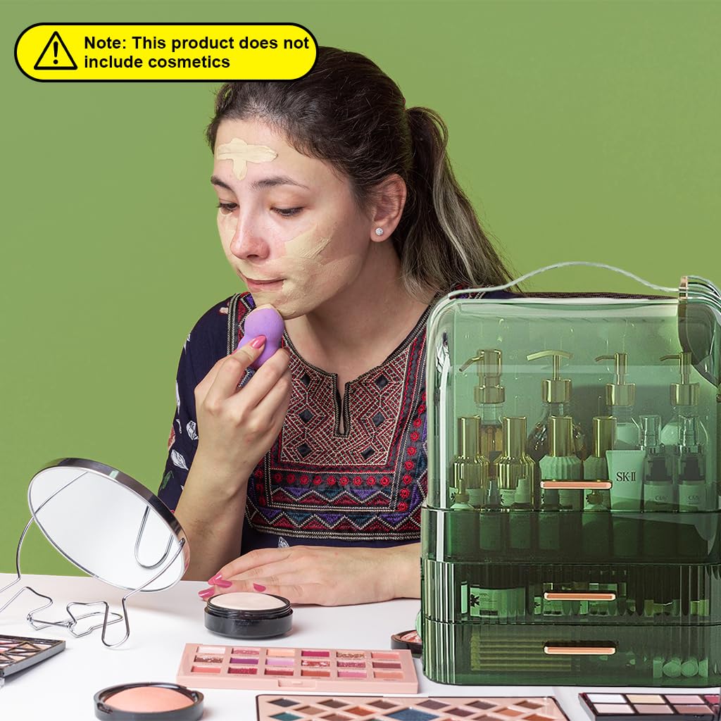 MAYCREATE Dressing Table Organizer for Cosmetics with 34.7x26.5x18.2cm Drawers and Flip-Up Lid | Green Plastic Design