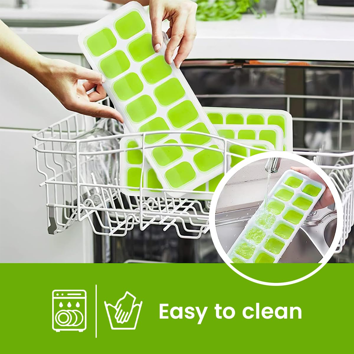 HASTHIP Ice Cube Tray for Freezer Set of 4 with 56 Cubes and Soft TPR Bottom Design