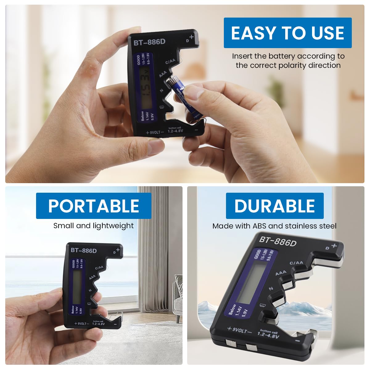 Serplex Universal Battery Tester for C AA AAA D N 9V Cells with LCD Display | 2 PCS