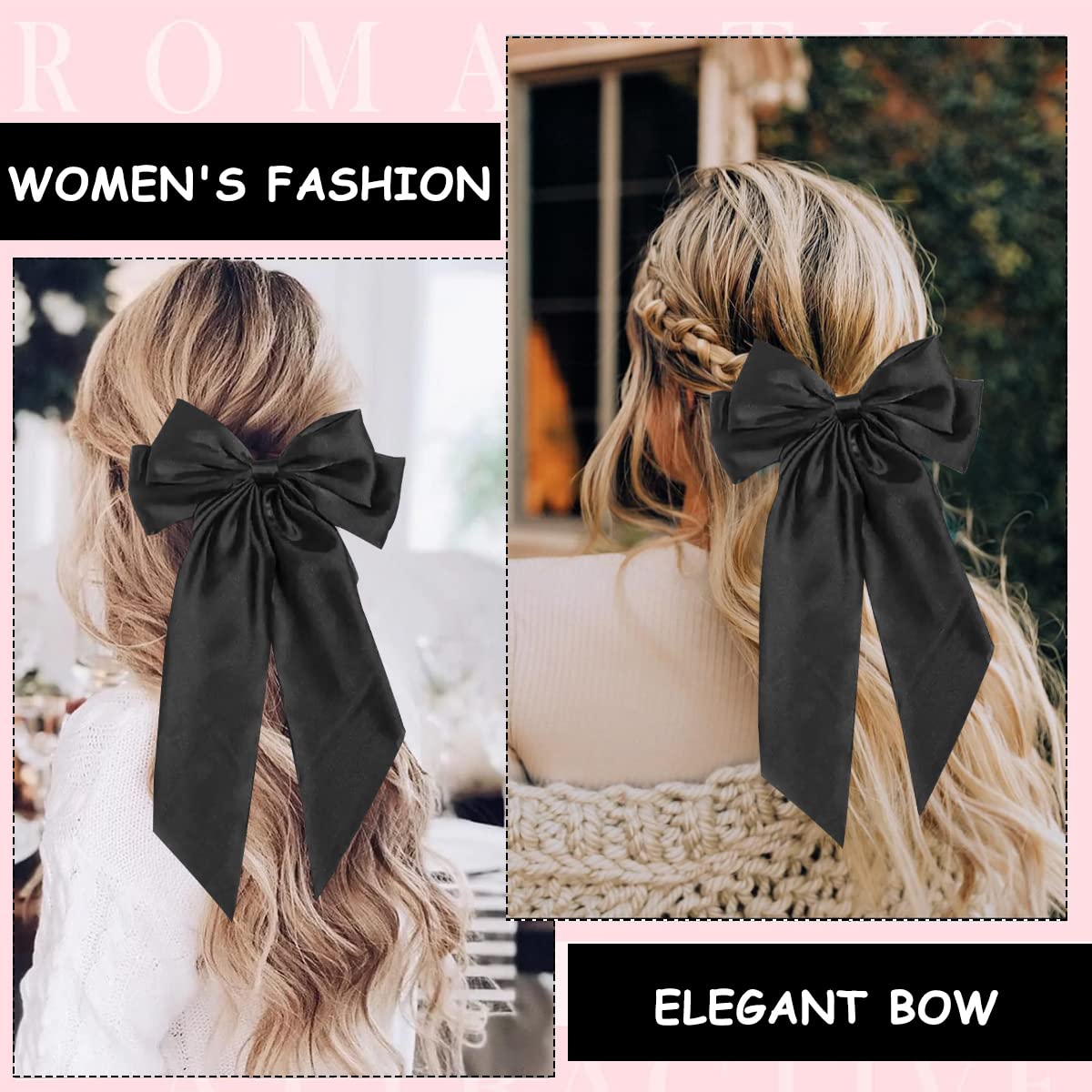 MAYCREATE® Large Satin Hair Bows for Women Girls Silk-Like Stylish French Bow Hair Clip Bowknot Hair Barrettes Big Ribbon Bow with Long Tail (Black)