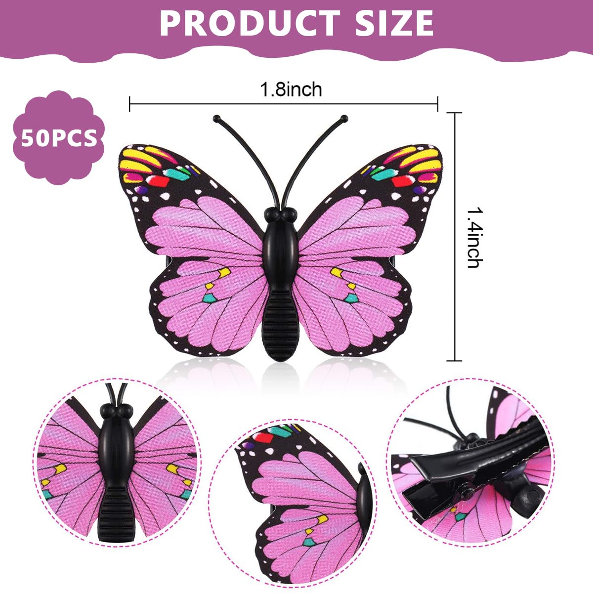 PALAY Butterfly Hair Clips for Girls with Clip-On Design 50pcs 2.36in Blue and Purple