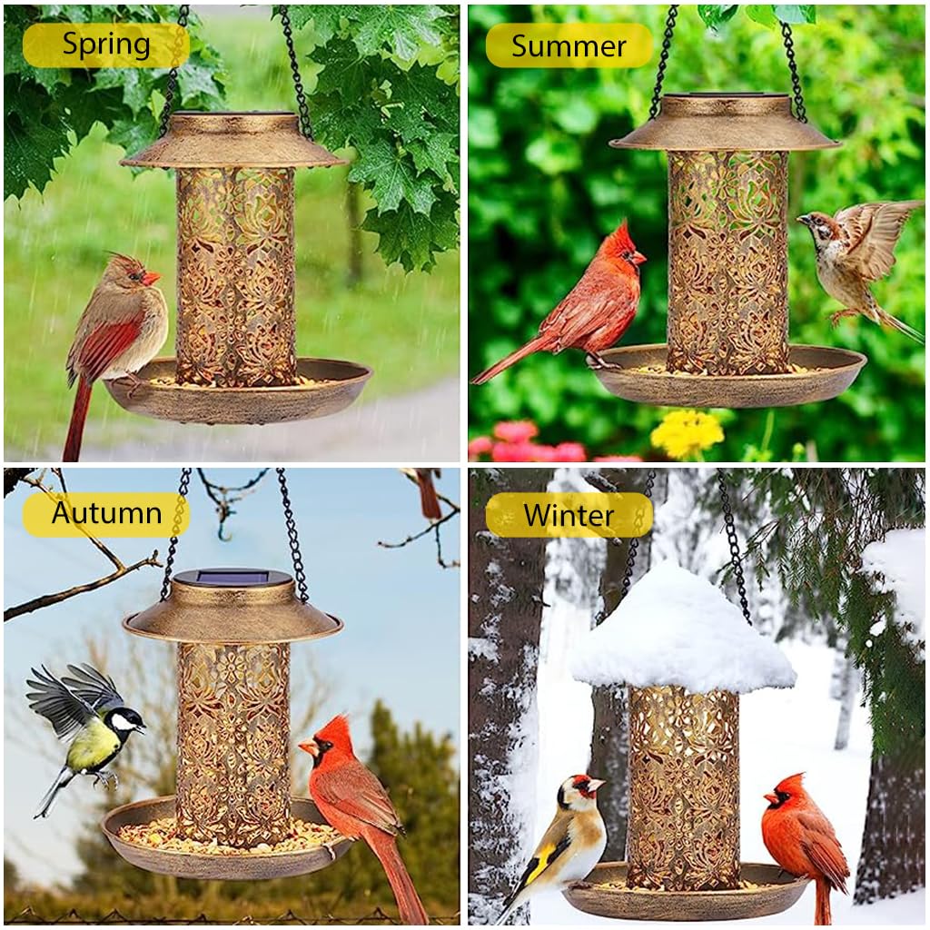 HASTHIP® Solar Bird Feeder Garden Bird Feeder Lantern Outdoor Waterproof Hanging Bird Feeder Metal Hollowed Out Warm Light Bird Feeder for Garden, Patio