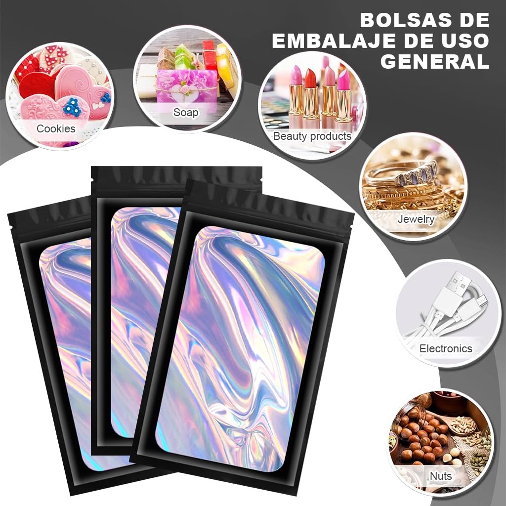 Smell Proof Bags for Food Storage with Resealable Zip and Clear Front 10 Pack 6x9cm | Holographic Rainbow Back