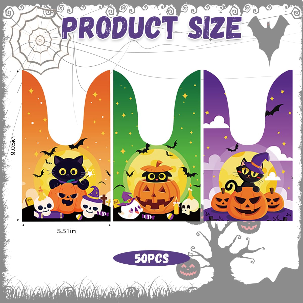 HASTHIP Halloween Treat Bags for Party Favors with Bunny Ear Closure 50Pcs 14x23cm EVA