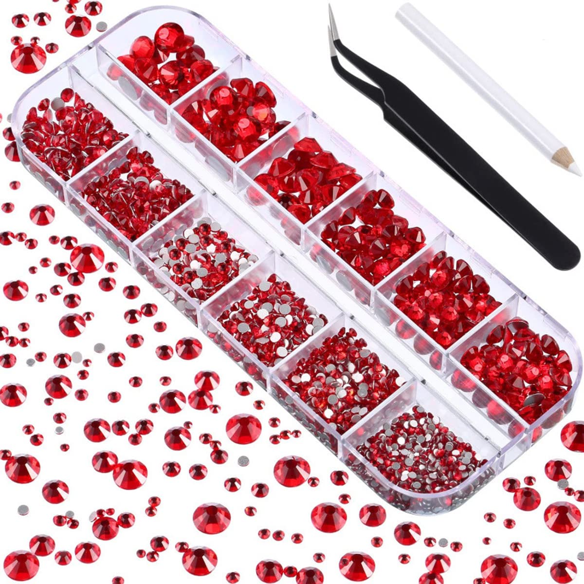 MAYCREATE Rhinestones Nail Art Kit for Manicure with 12 Grid Box featuring Tweezers & Picking Pen | Red Flatback 3D Gems 6 Sizes