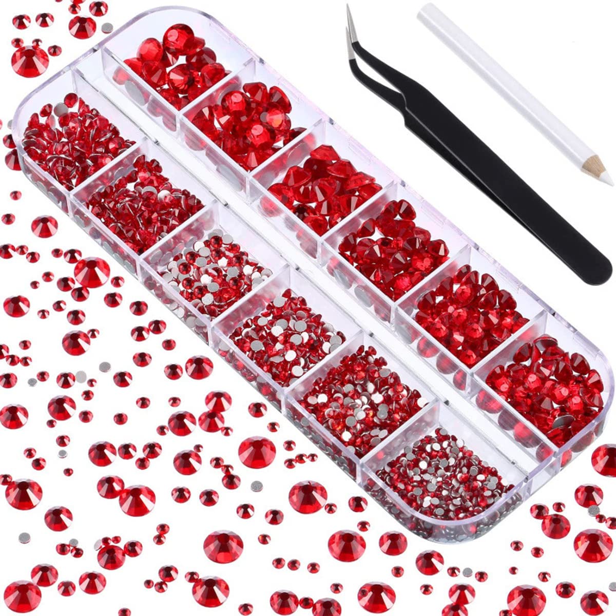 MAYCREATE® Rhinestones Nail Art Kit, 12 Grid Imitation 3D Nail Art Manicure Decoration, Acrylic Crystal Glitter Flatback Gems Round Red Rhinestones with Tweezers and Picking Pen (Red)