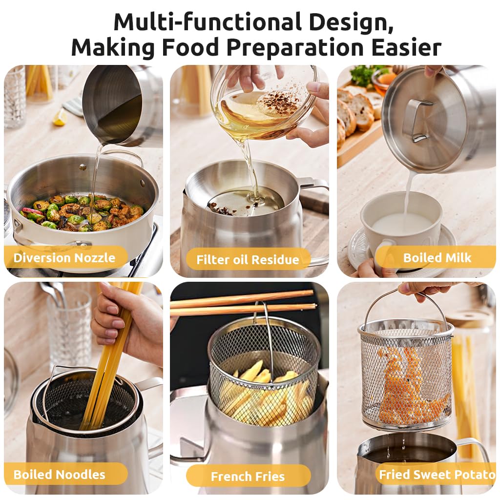 Supvox Stainless Steel Oil Container 1.5L for Kitchen Recycling with Oil Sieve and Fry Basket