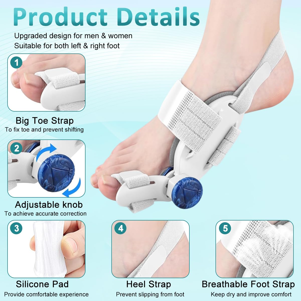 HANNEA Bunion Corrector for Women and Men featuring Adjustable Knob Traction with Silicone Pad | Comfortable Orthopedic Toe Straightener