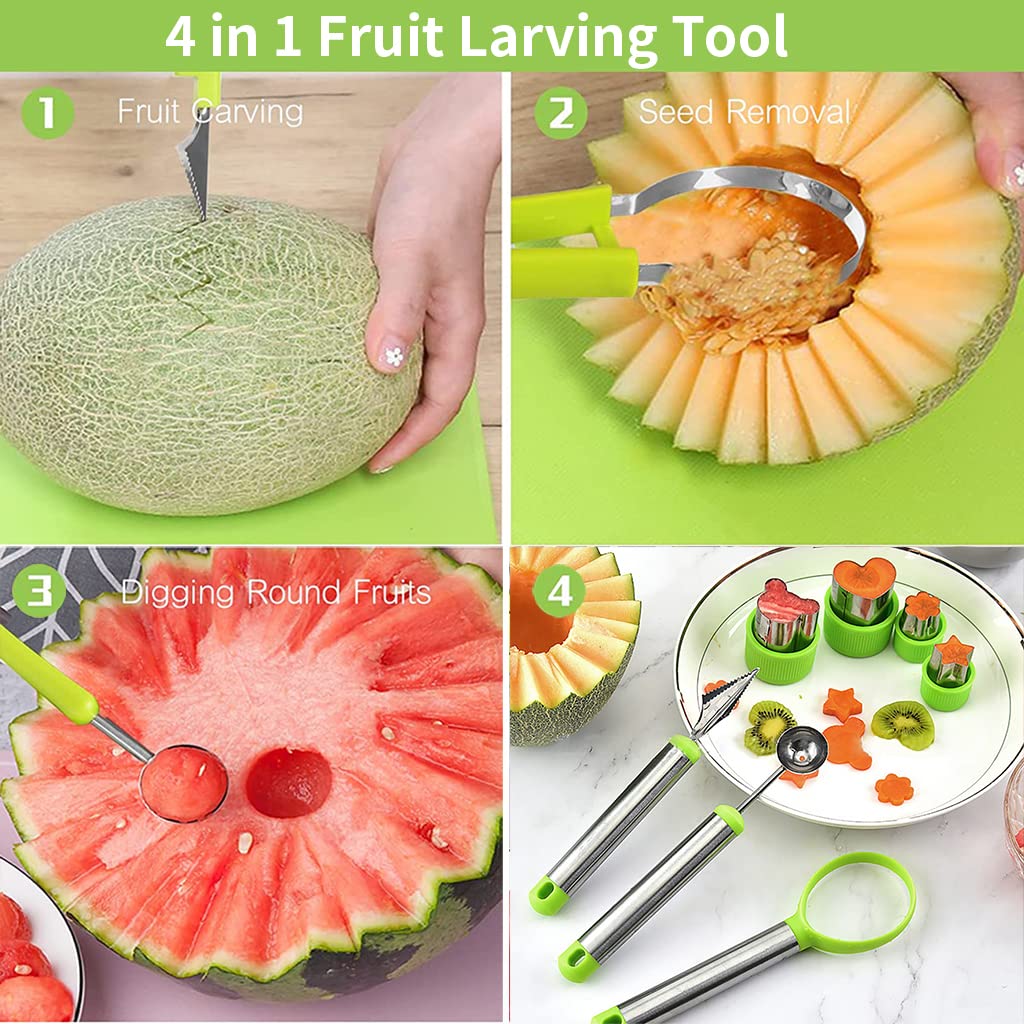 HASTHIP® 7Pcs Fruit Cutter - Vegetable Cutter Shaper Mold Set with Carving Tools, Fruit Platter Ice Cream Scoop Spoon, Fruit Seed Remover Ring and 4 Creative Moulds for Fruit, Vegetable, Cookies