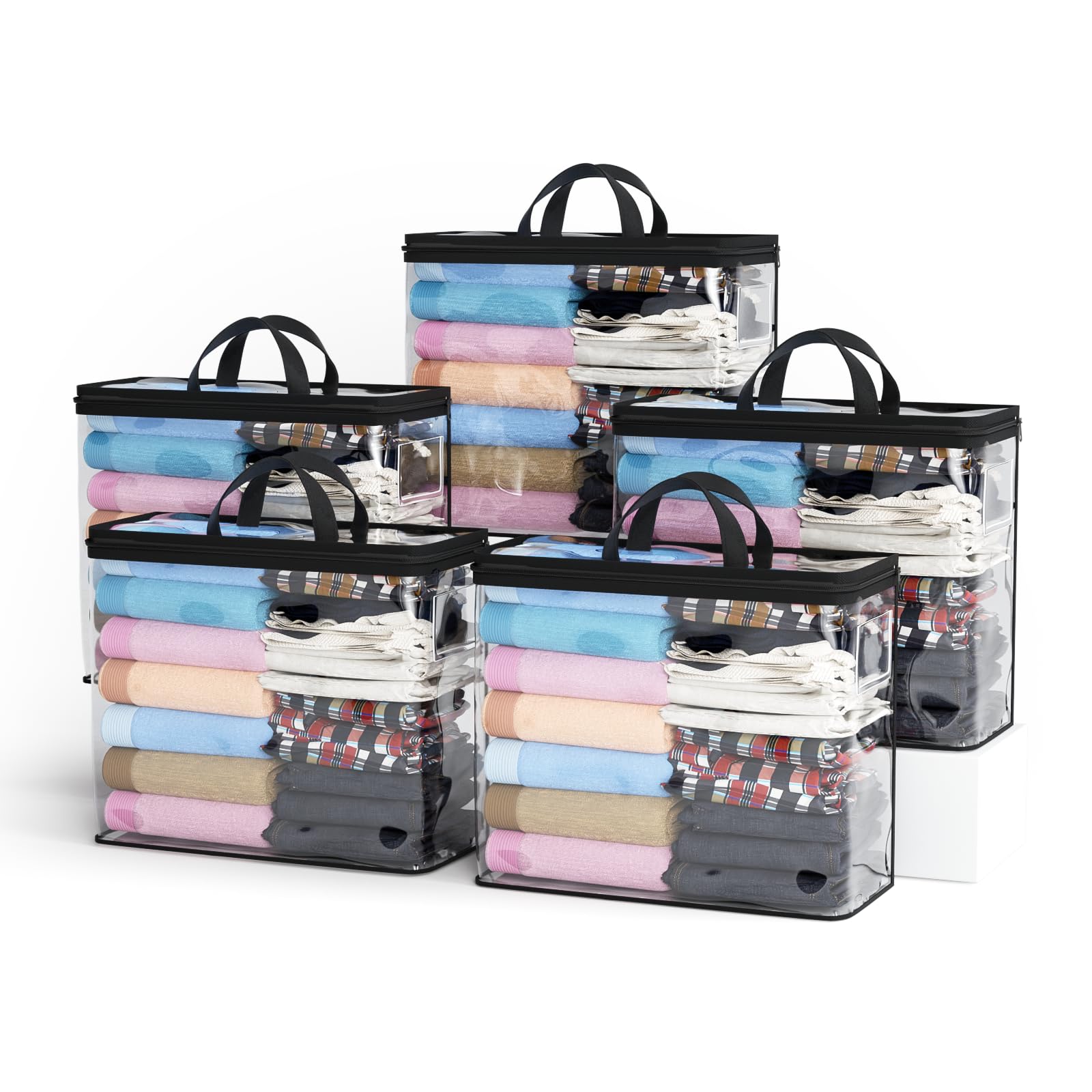 HASTHIP® 5Pcs Wardrobe Clothes Storage Bag Clear PVC Zippered Dustproof Garment Bags Clothes Storage Bags with Handle, Waterproof and Moisture-Proof, 45x38x13cm