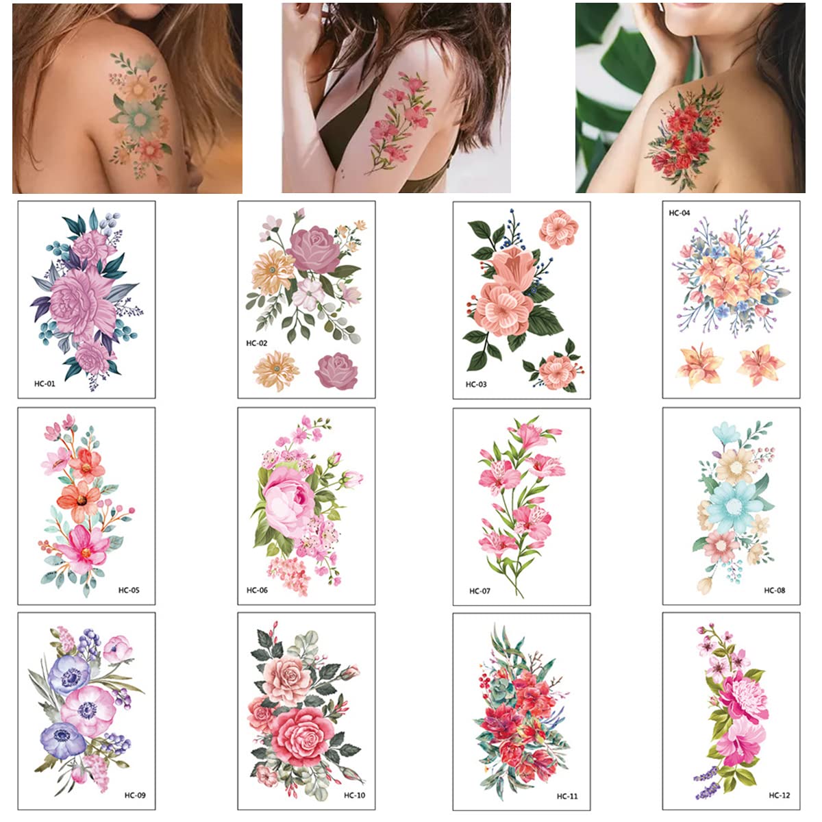 HASTHIP® 12 Sheets Waterproof Color Flowers Temporary Assorted Roses Tatto Stickers for Body Tattoos Art