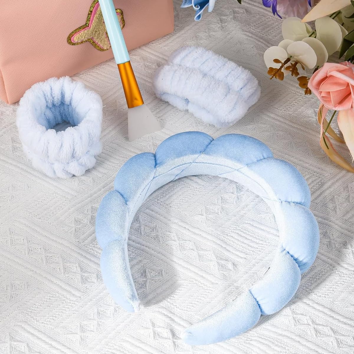 MAYCREATE Spa Headband Wristband Set for Face Washing with Sunflower Edge Design | Soft Blue Coral Fleece for Women and Girls
