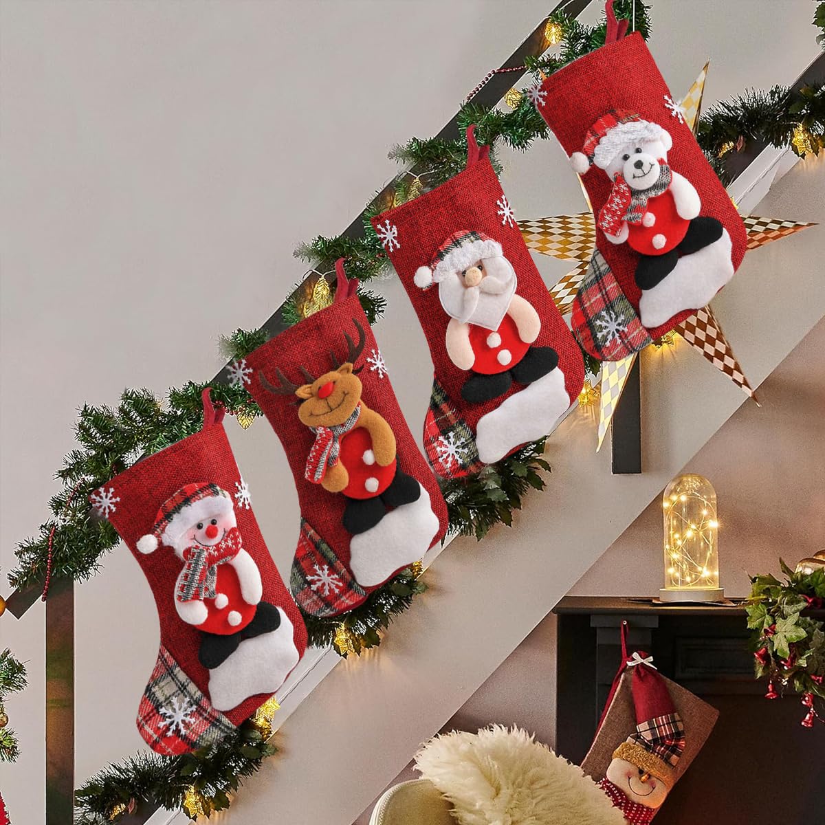 HASTHIP® 4pcs Red Christmas Stocking 9 inch x 6.2 inches Christmas Gift Stocking with 4 Designs Hanging Christmas Stockings Gift Christmas Stocking Christmas Stocking for Window, Christmas Tree, Door