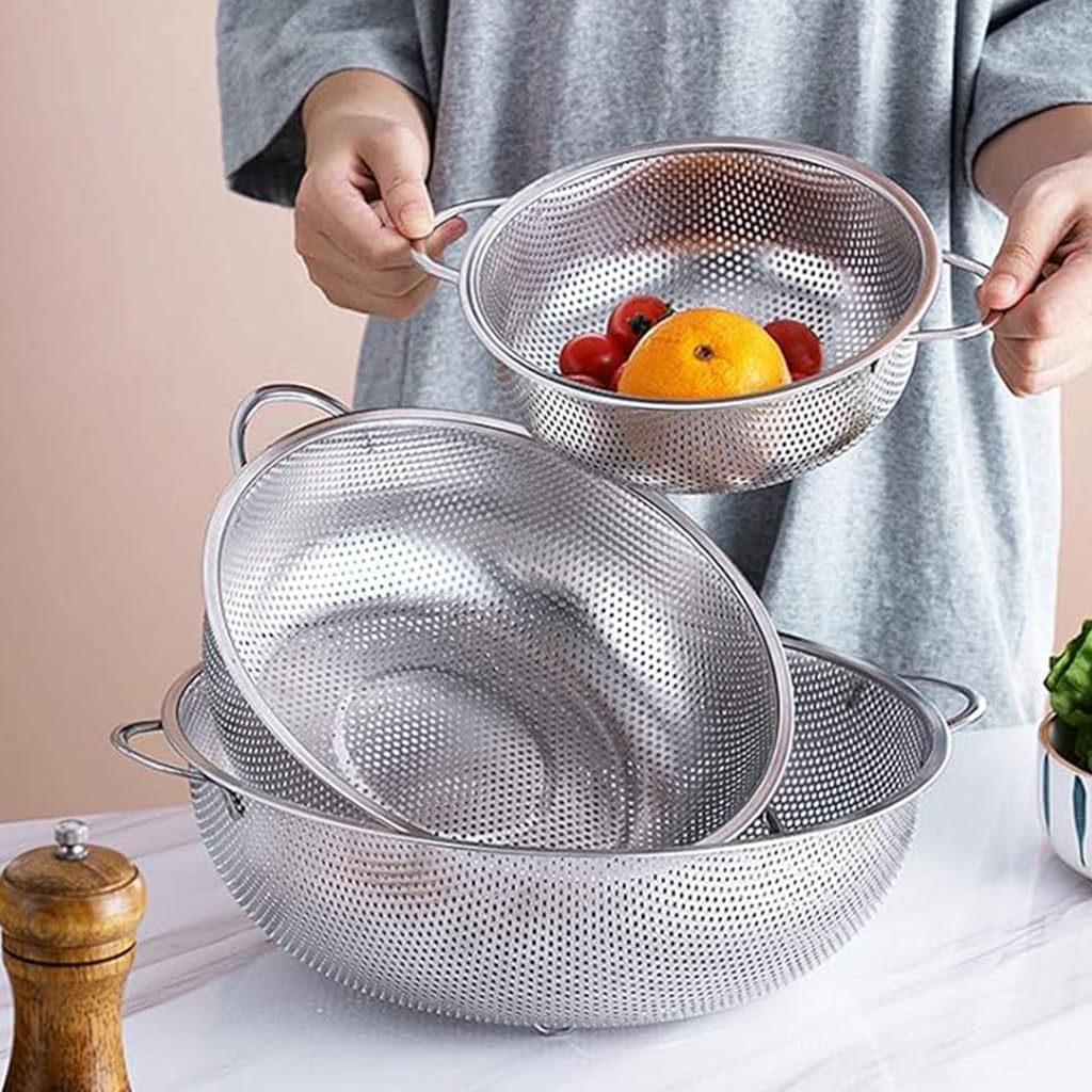 Supvox Colander Set of 3 for Pasta Vegetables and Fruits featuring Micro Perforated Stainless Steel | Easy Drain and Clean Design