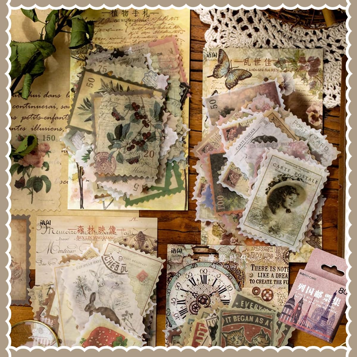 HASTHIP Vintage Postage Stamp Stickers for Scrapbooking with 240 pcs Washi Paper | Journaling and DIY Crafts