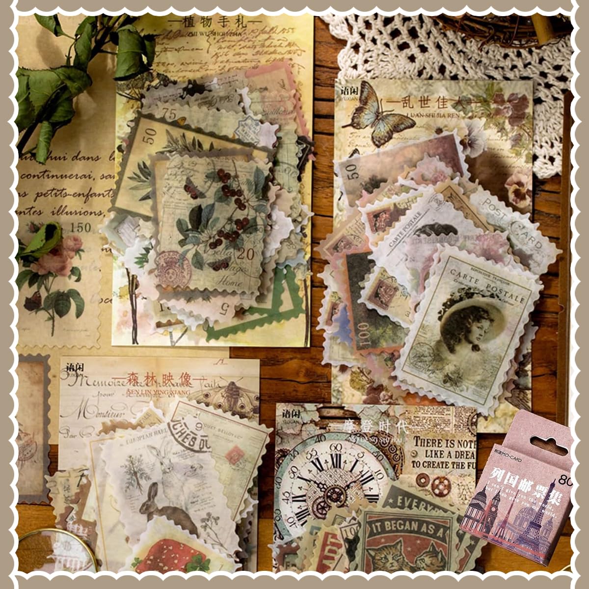 HASTHIP® 240Pcs Vintage Postage Stamp Stickers, 120 Designs Aesthetic Botanical Deco Paper Sticker for Scrapbooking, Journaling Supplies, Planners, Kid DIY Art Crafts, Bullet Journal