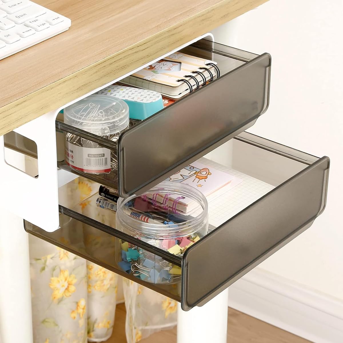 Climberty Under Desk Drawer Storage Organizer for Office and Home with Double Layer 20.5×17.5 cm Compartments | Semi Transparent ABS PP Construction