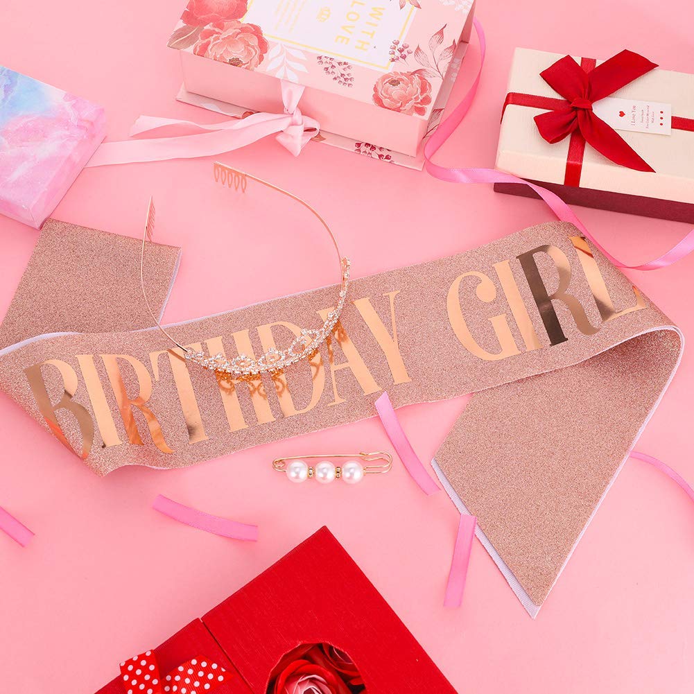 SNOWIE SOFT Birthday Headpiece Girl Tiara with Crystal Rhinestones and Gold Satin Sash | Elegant Birthday Gift Set