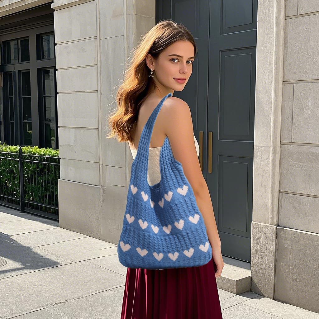 Zibuyu Crochet Heart Tote Bag for Work School and Beach with Plush Charm | Cream and Red Knit Style