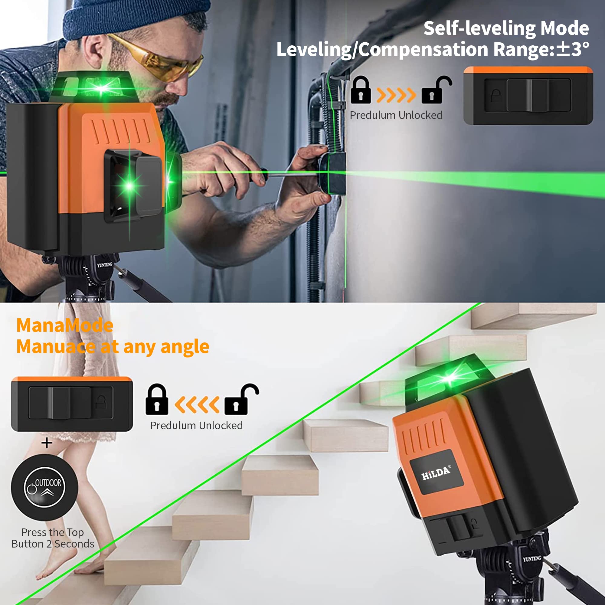 HASTHIP 3X360 Laser Level Machine, Remote Control Laser Measuring Tape, Machine with Stand and Base for Construction 12 Line Auto Self-Leveling and Alignment Cross Line