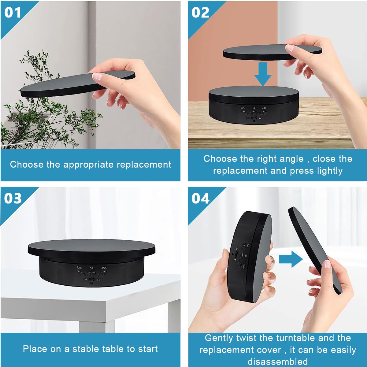 Supvox Rotating Display Stand for Jewellery and Product Photography with 3 Speeds | 5.9 7.08 8.66 in Interchangeable Covers