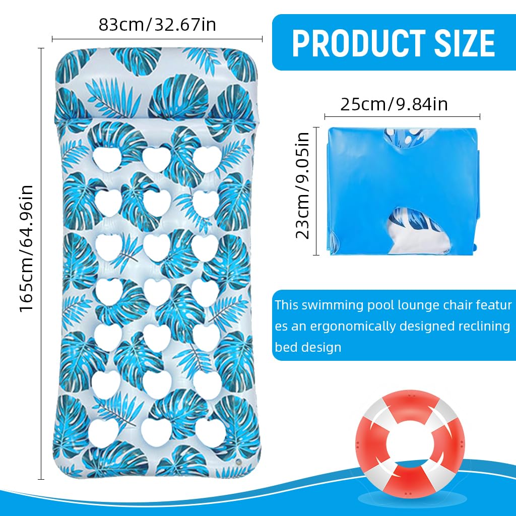 Proberos Inflatable Pool Lounger for Adults 123x120cm with Ergonomic Headrest & PVC Mesh Seat | Blue Floating Chair for Sunbathing