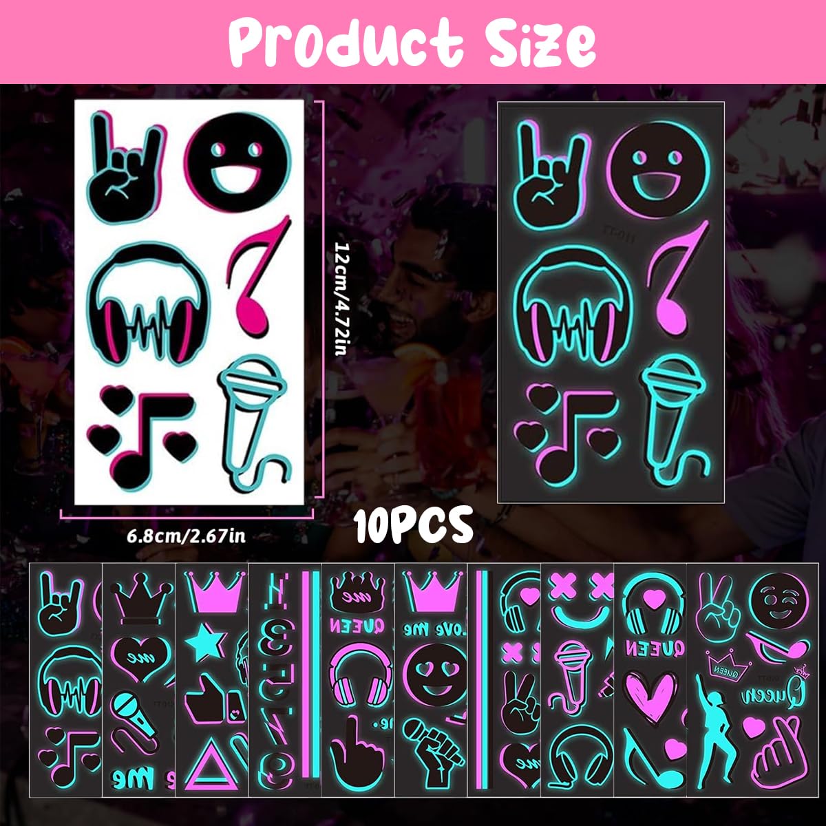 MAYCREATE Temporary Tattoo Sticker for Festival and Party with Dual Color Glow | 10 Sheets