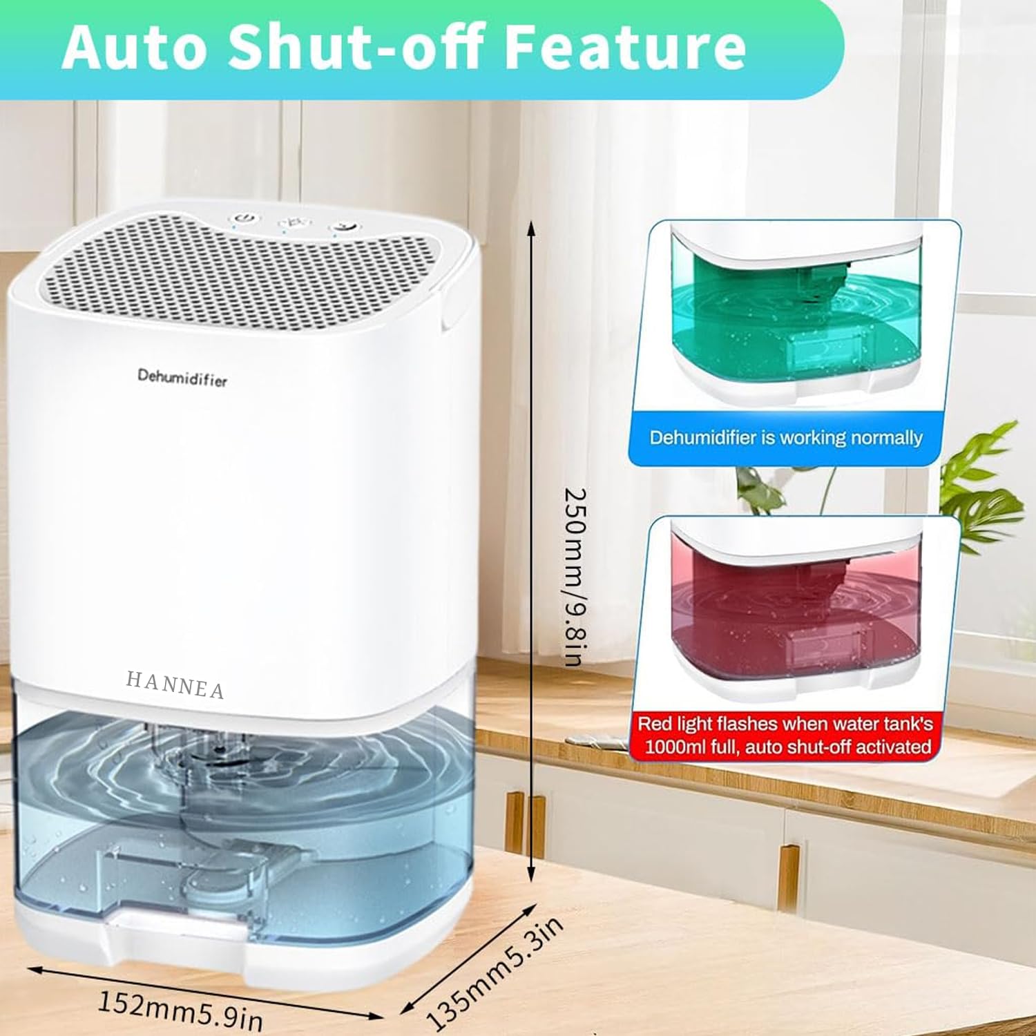HANNEA Dehumidifier for Room with 1000ml Tank and Auto Shut Off | Quiet 30dB Operation