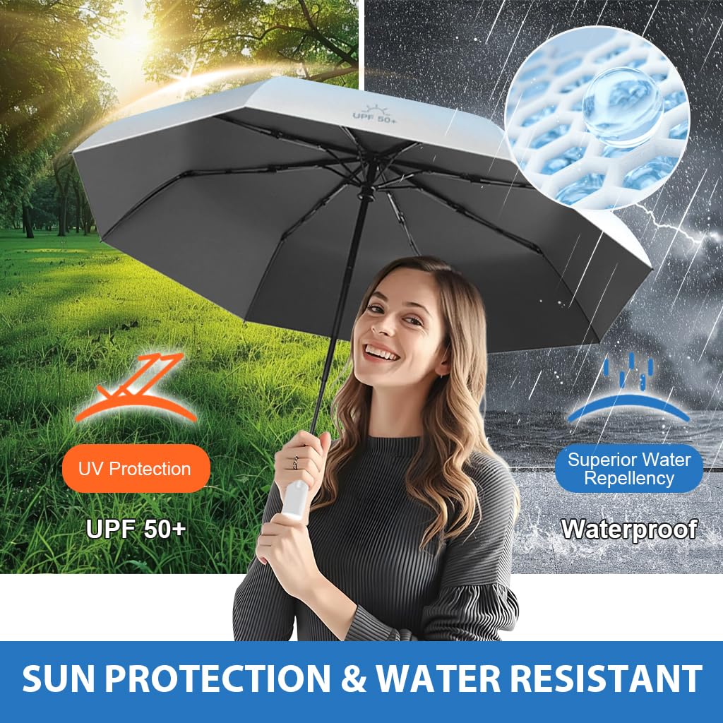 Venzina Sun Umbrella for Travel and Outdoor Use with UPF 50+ Protection | Automatic One Touch Design and Fiberglass Ribs in Gradient Light Blue