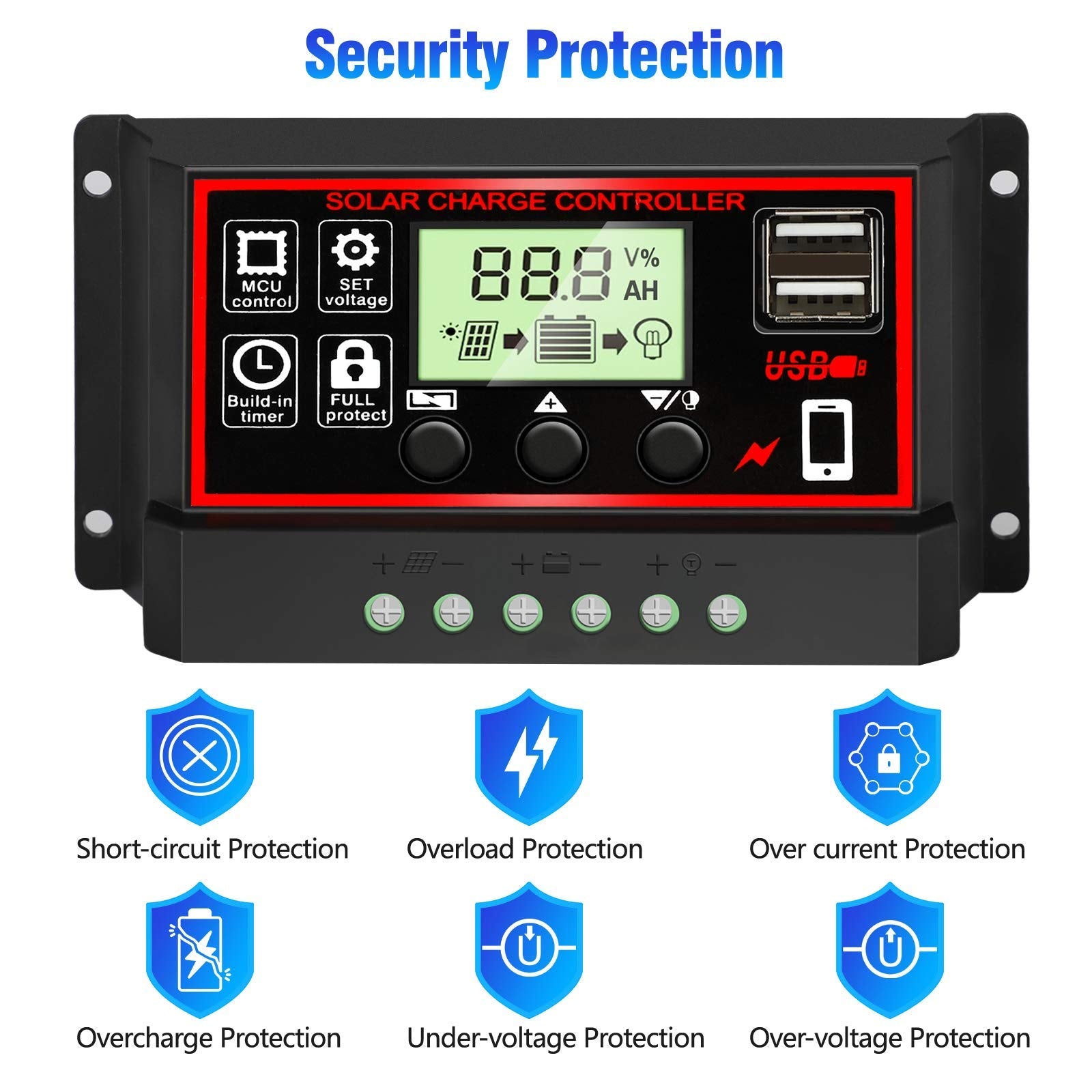 Verilux® 10A Solar Charge Controller, Black Solar Panel Battery Smart Regulator, Dual USB Ports 12V/24V PWM Automatic Paremeter Adjustable LCD Display