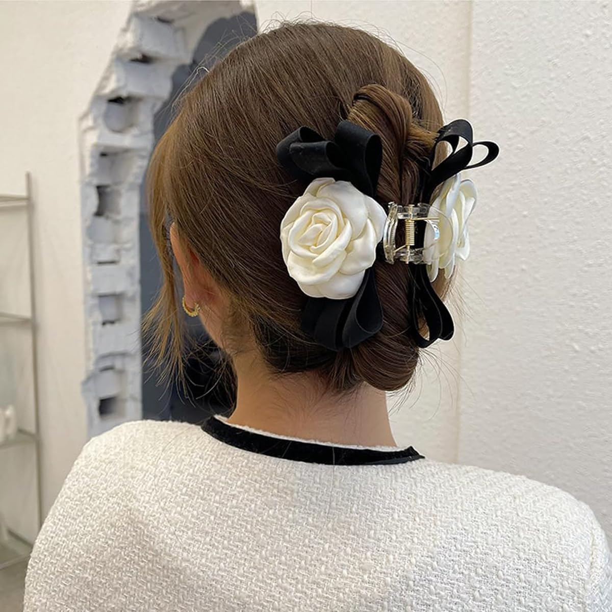 PALAY Large Bow Hair Claw Clip for Women featuring Camellia Flower Design | Elegant Black Accessory