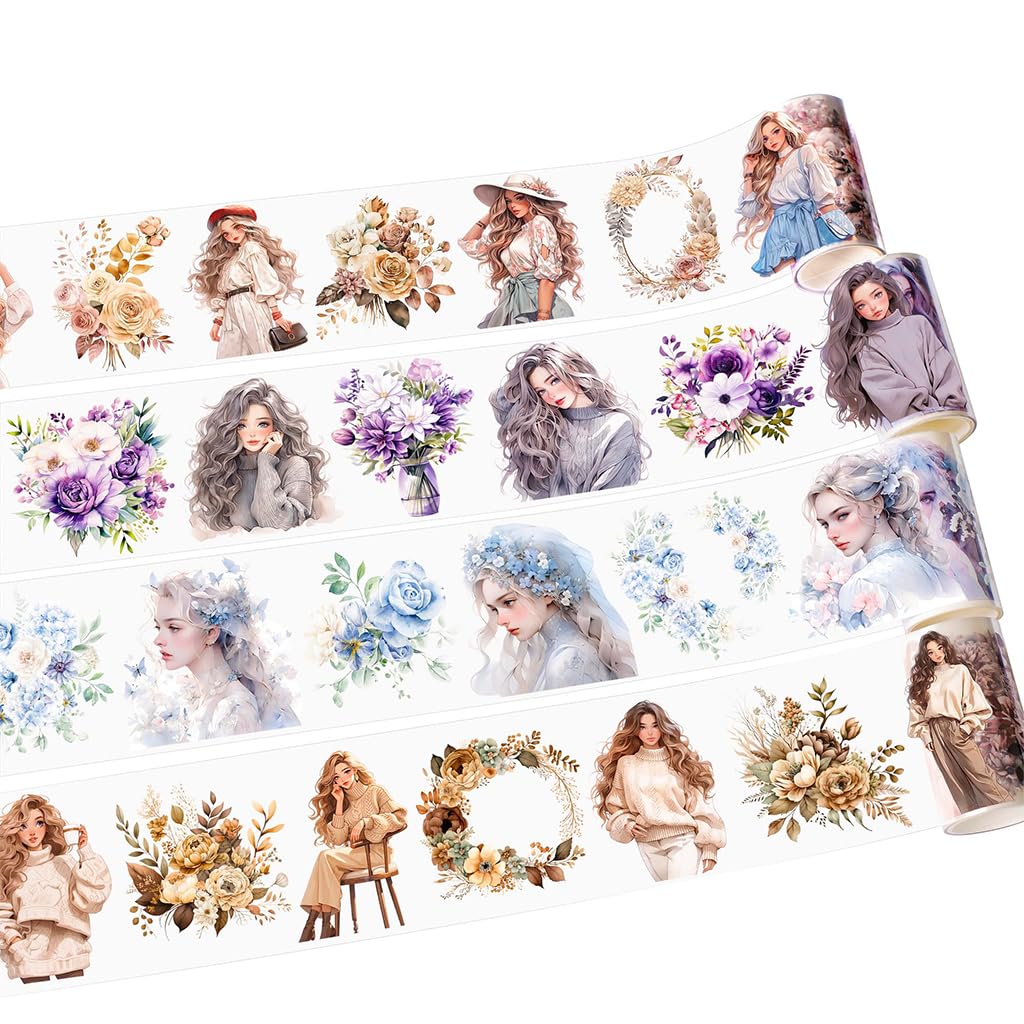 HASTHIP Scrapbooking Decorative Tapes for DIY Crafts with Floral Anime Girl Art | 4 Rolls 2.7 in x 6.5 ft PET