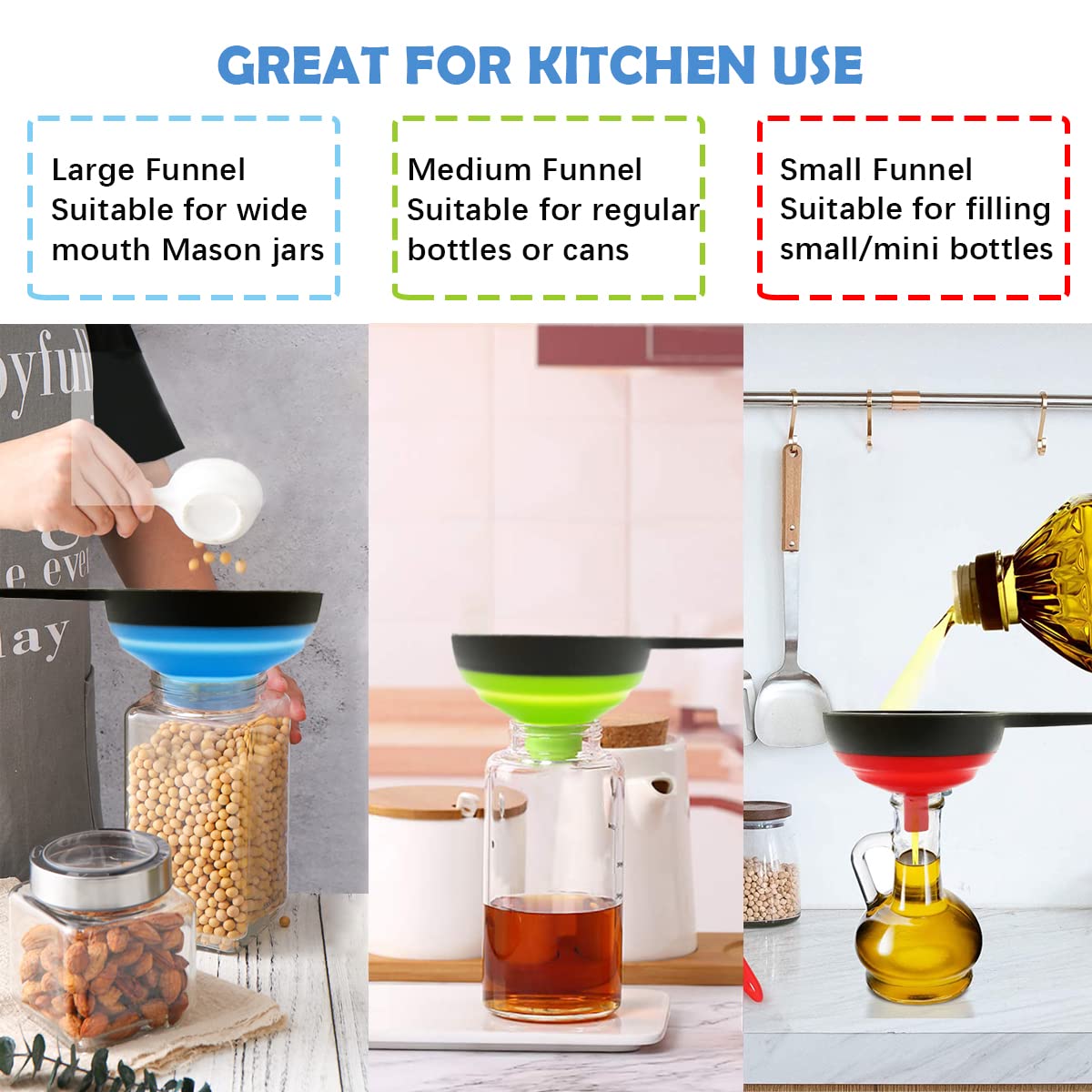 ELEPHANTBOAT® 3Pcs Kitchen Funnels Set for Kitchen Use Mason Jars for Filling Bottles, Silicone Collapsible Funnel for Transfer Liquid, Oil and Powder, Three Size Wide Mouth Funnel with Handle
