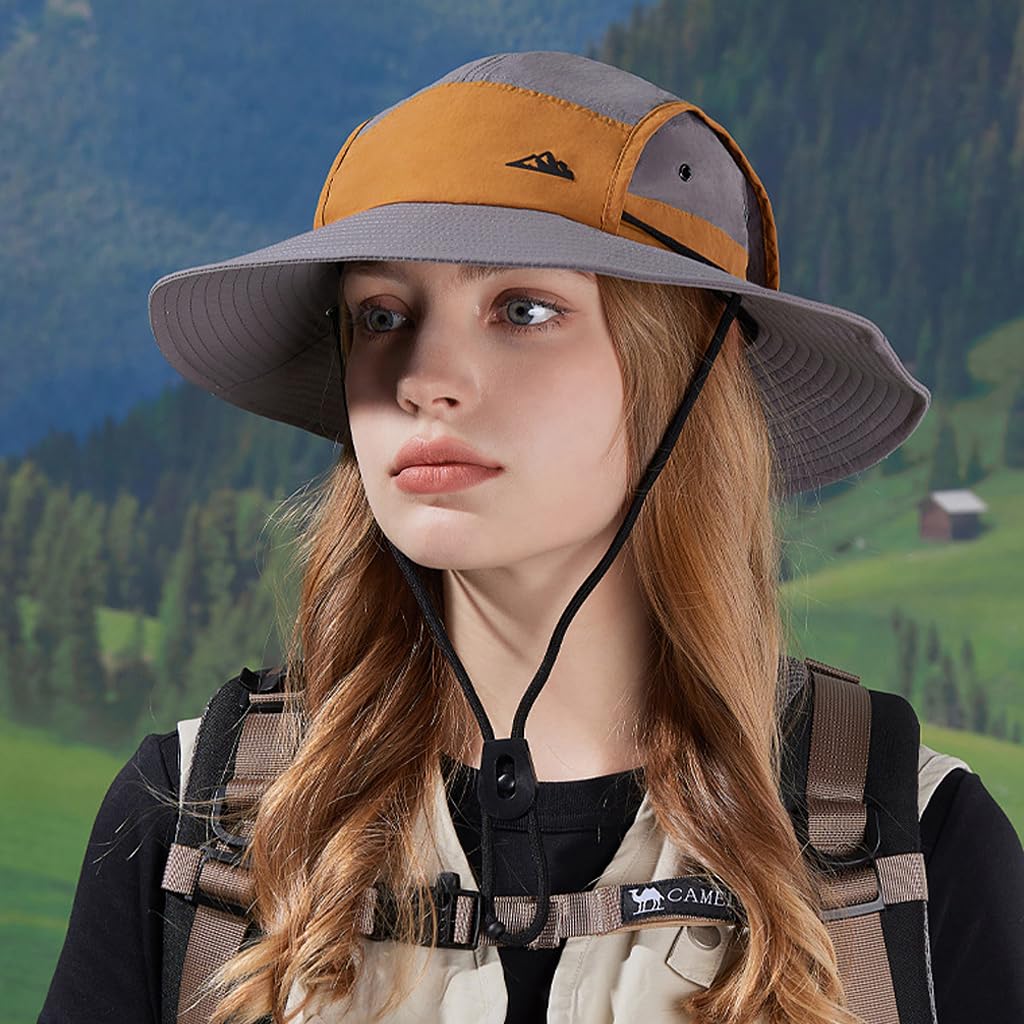 GUSTAVE UV Protection Wide Brim Sun Hat for Hiking and Fishing with Breathable Mesh | Lightweight Quick Dry Nylon in Orange Grey