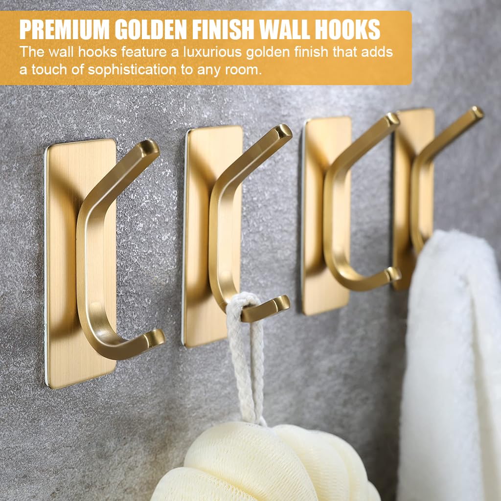 Supvox Wall Hooks for Kitchen Bathroom and Entry featuring Dual Hook Design | 4Pcs Golden Stainless Steel No Drill Adhesive