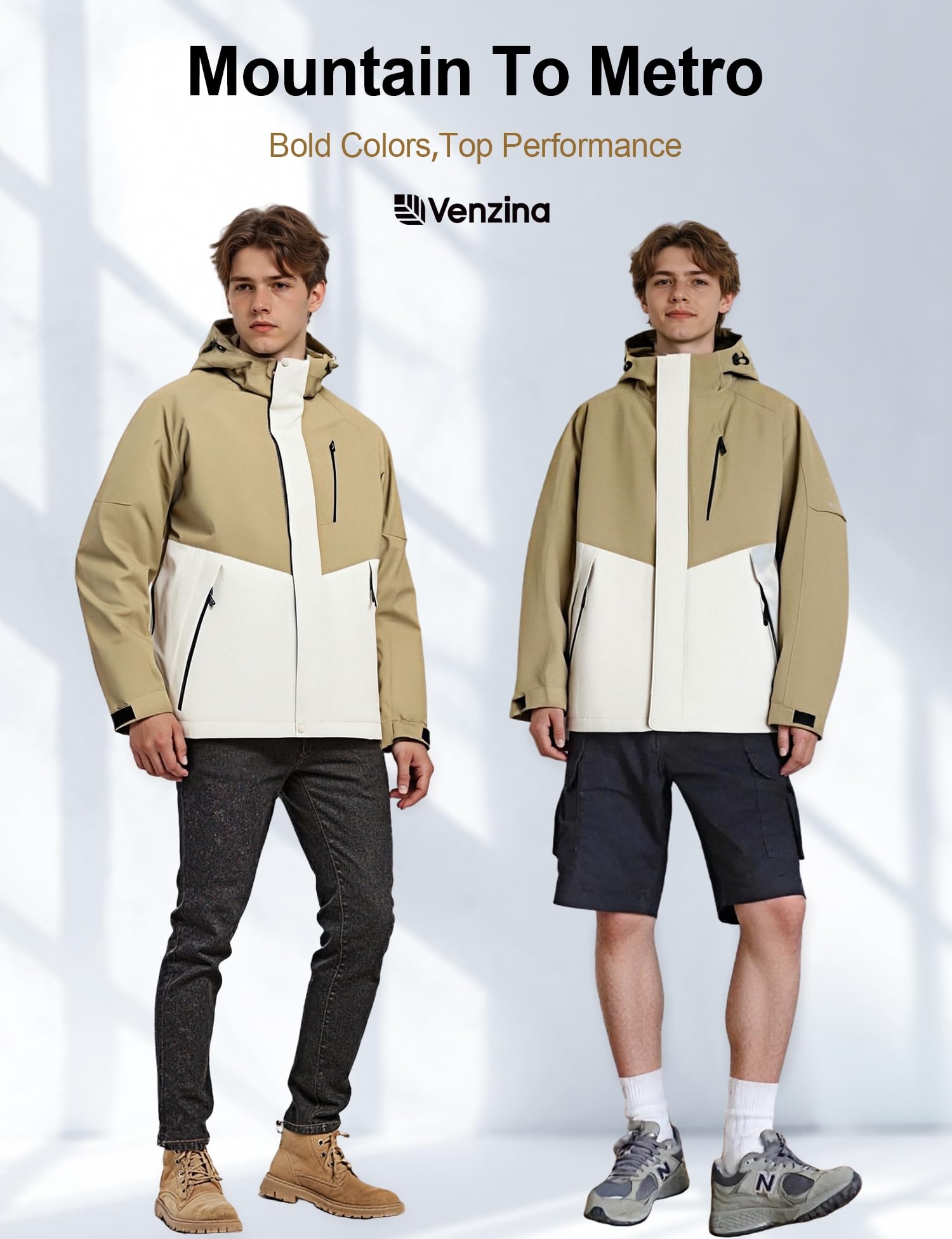 Venzina Men's Lightweight Jacket for Hiking and Cycling with Reflective Sleeves | Breathable Windbreaker and Water‑Repellent Light Khaki Coat