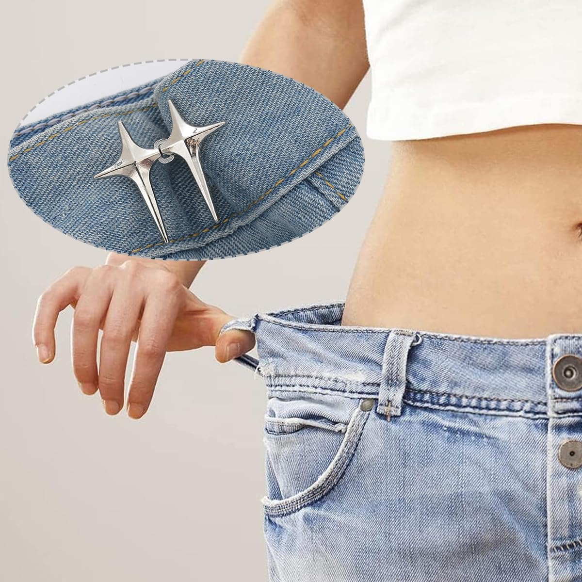 SANNIDHI Adjustable Waist Buckle for Jeans and Pants with Silver Star Design | 4 Sets Detachable No Sewing Metal Adjusters