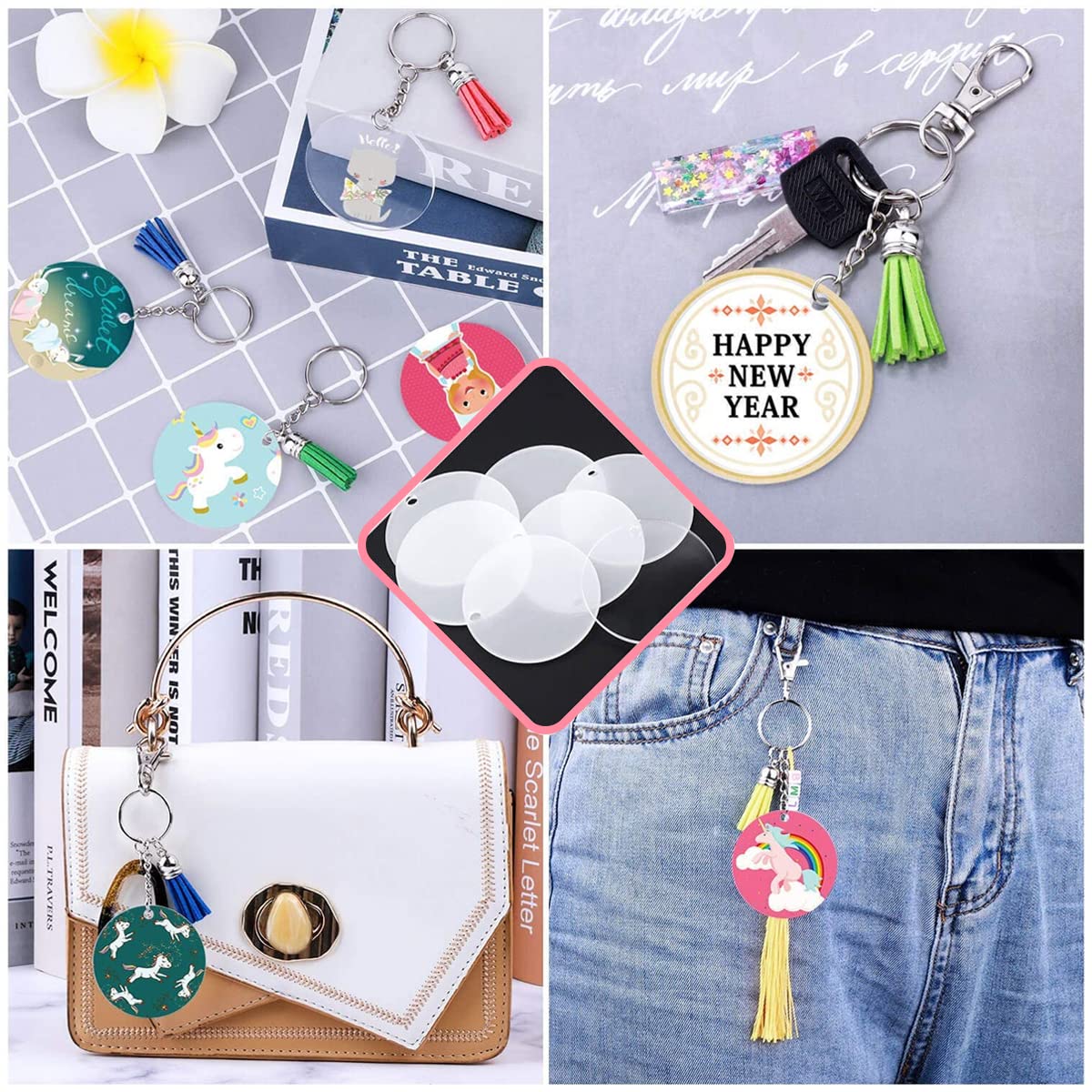 SANNIDHI Acrylic Keychain Blank Circle Kit, 120pcs Clear Keychains Set, Including 30pcs Acrylic Blanks, 30pcs Colorful Tassels, 30pcs Key Chain Rings, 30pcs Jump Rings for DIY Vinyl Crafts