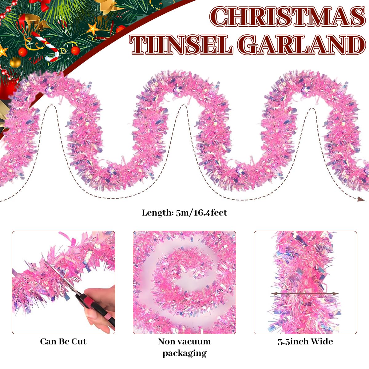 HASTHIP Pink Christmas Tinsel Garland for Trees and Parties featuring Shiny Metallic Fringe 16.4ft