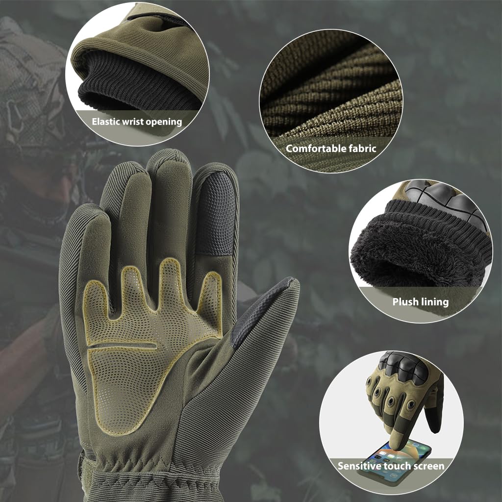 Proberos® Tactical Gloves Men Women Winter Warm Outdoor Gloves Touchscreen Motorcycle Gloves with Hard Knuckle & Plush Lining Tactical Gloves for Cycling Motorcycle Hiking Climbing (L, Green)