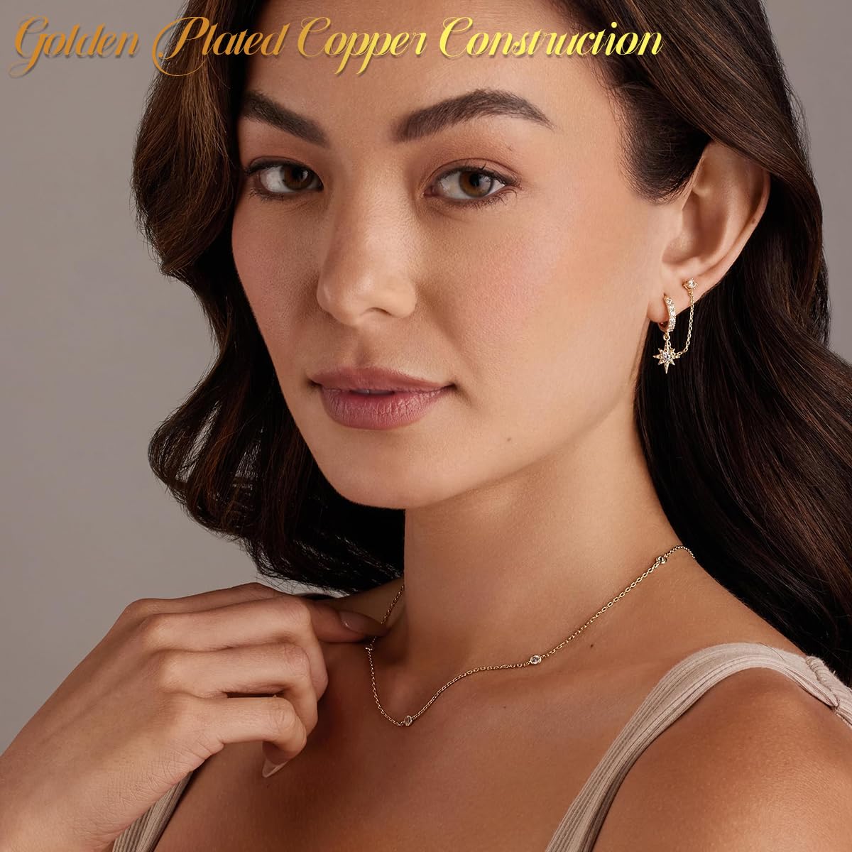 SANNIDHI Earrings for Women featuring 8-Pointed Star Pendants and Dangle Chain Design | Gold Plated Copper Stud Hoop Style